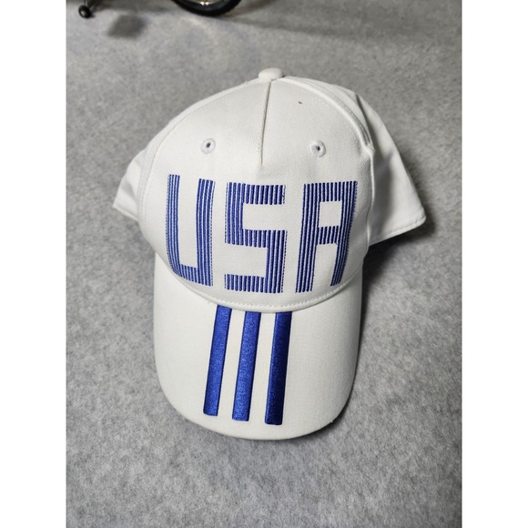 Adidas USA Snapback Hat White Blue Stripes Adjustable One Size Cap Olympic New - Picture 2 of 8